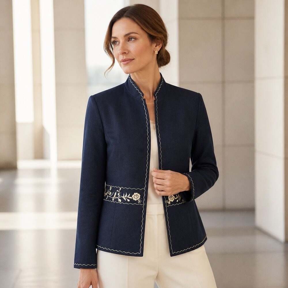 Jessica Howard Petite Navy Floral Embroidered Linen-Blend Jacket